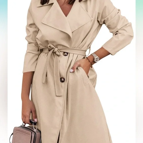 Women Lapel Long Sleeve Overcoat Outwear Casual lightweight Trench Coat jacket - Picture 6 of 8